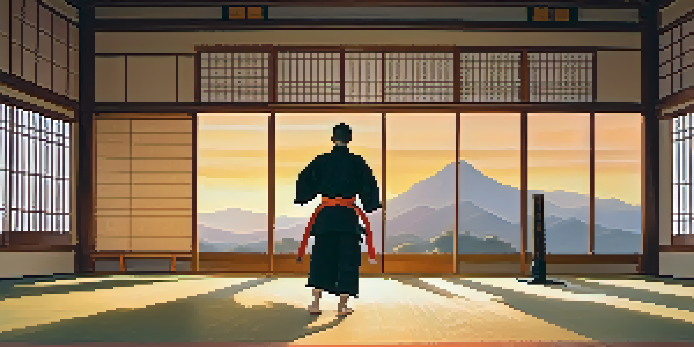 A martial artist practicing kata in a tranquil dojo illuminated by the morning sun.