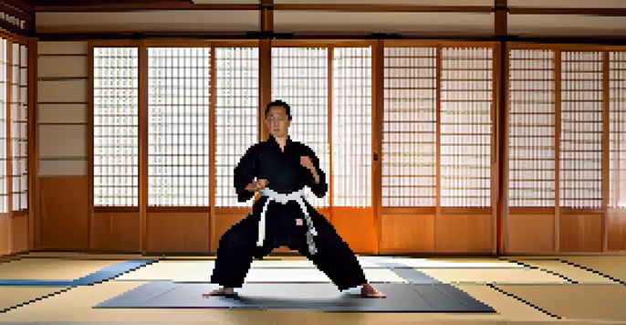 A martial artist practicing kata in a serene dojo with soft light and traditional decor.