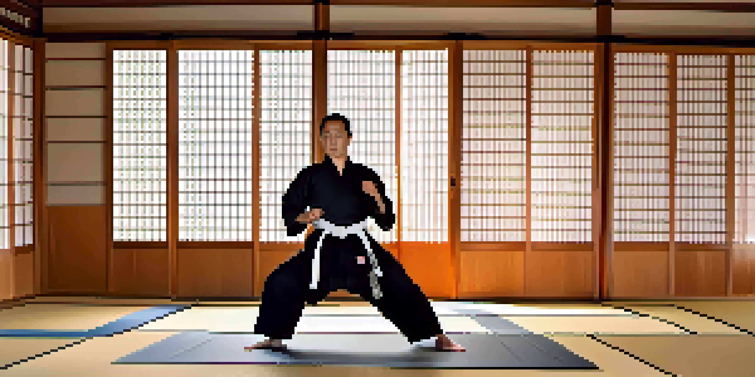 A martial artist practicing kata in a serene dojo with soft light and traditional decor.