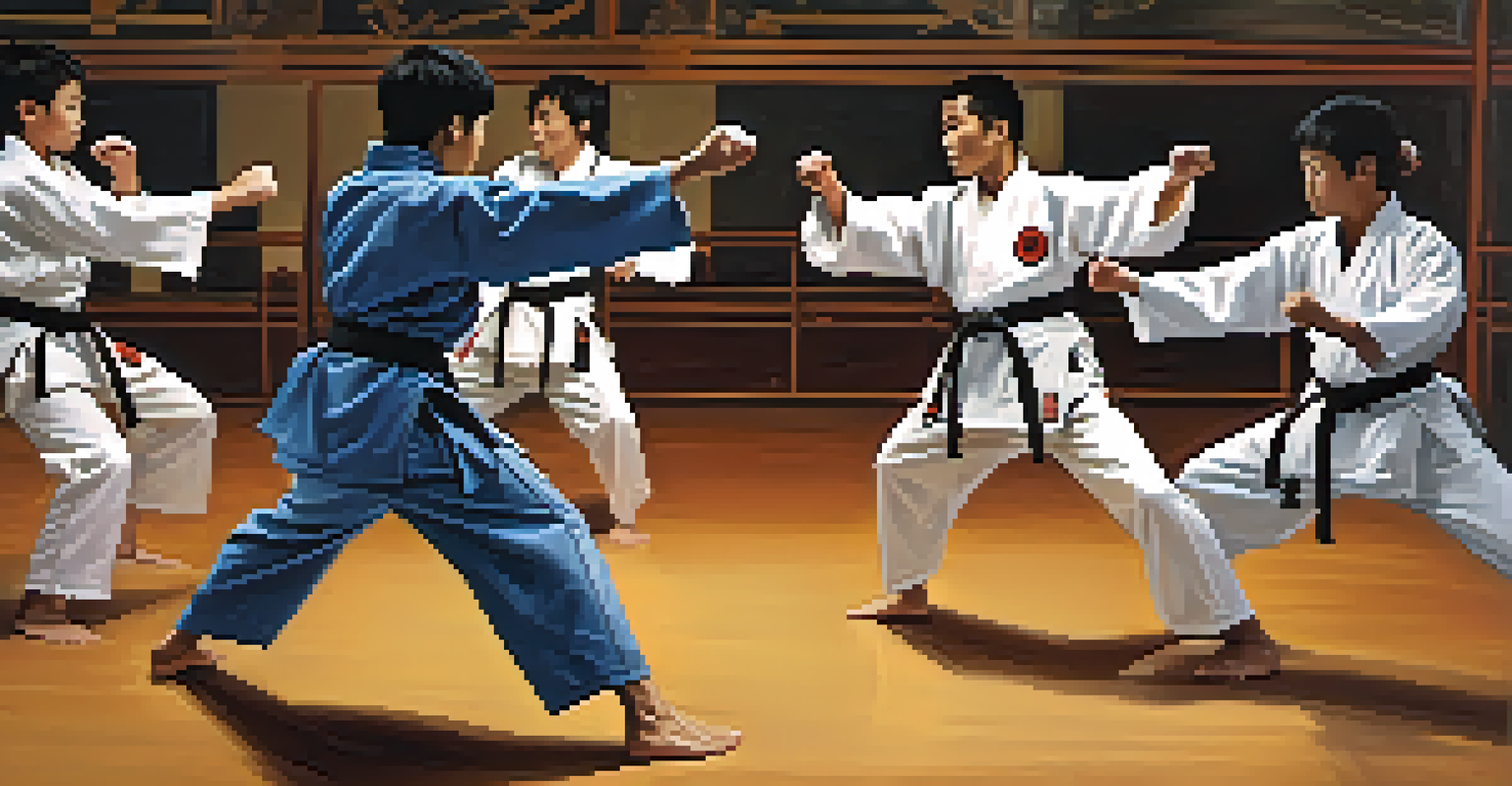 A group of martial arts students sparring, demonstrating teamwork and respect in a dojo setting.