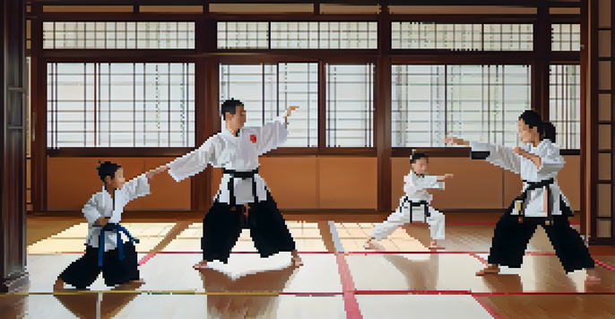 A family practicing martial arts together in a dojo, displaying joy and connection.