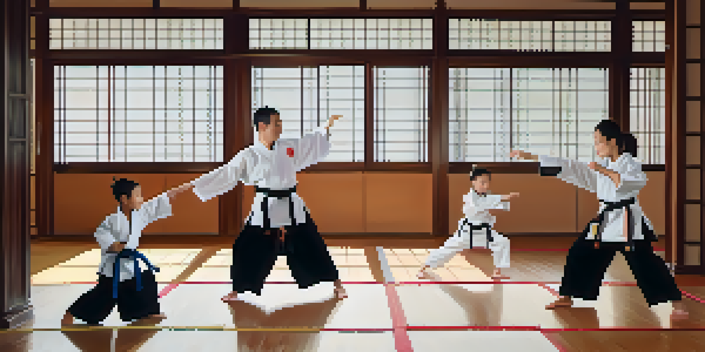 A family practicing martial arts together in a dojo, displaying joy and connection.