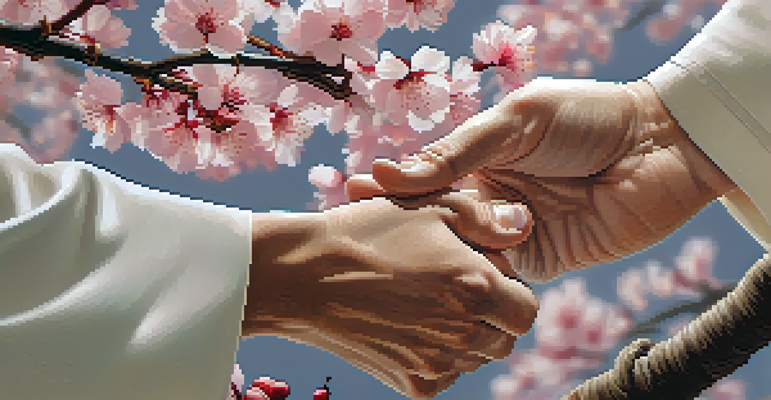 Close-up of hands performing a karate kata, with cherry blossoms softly blurred in the background.