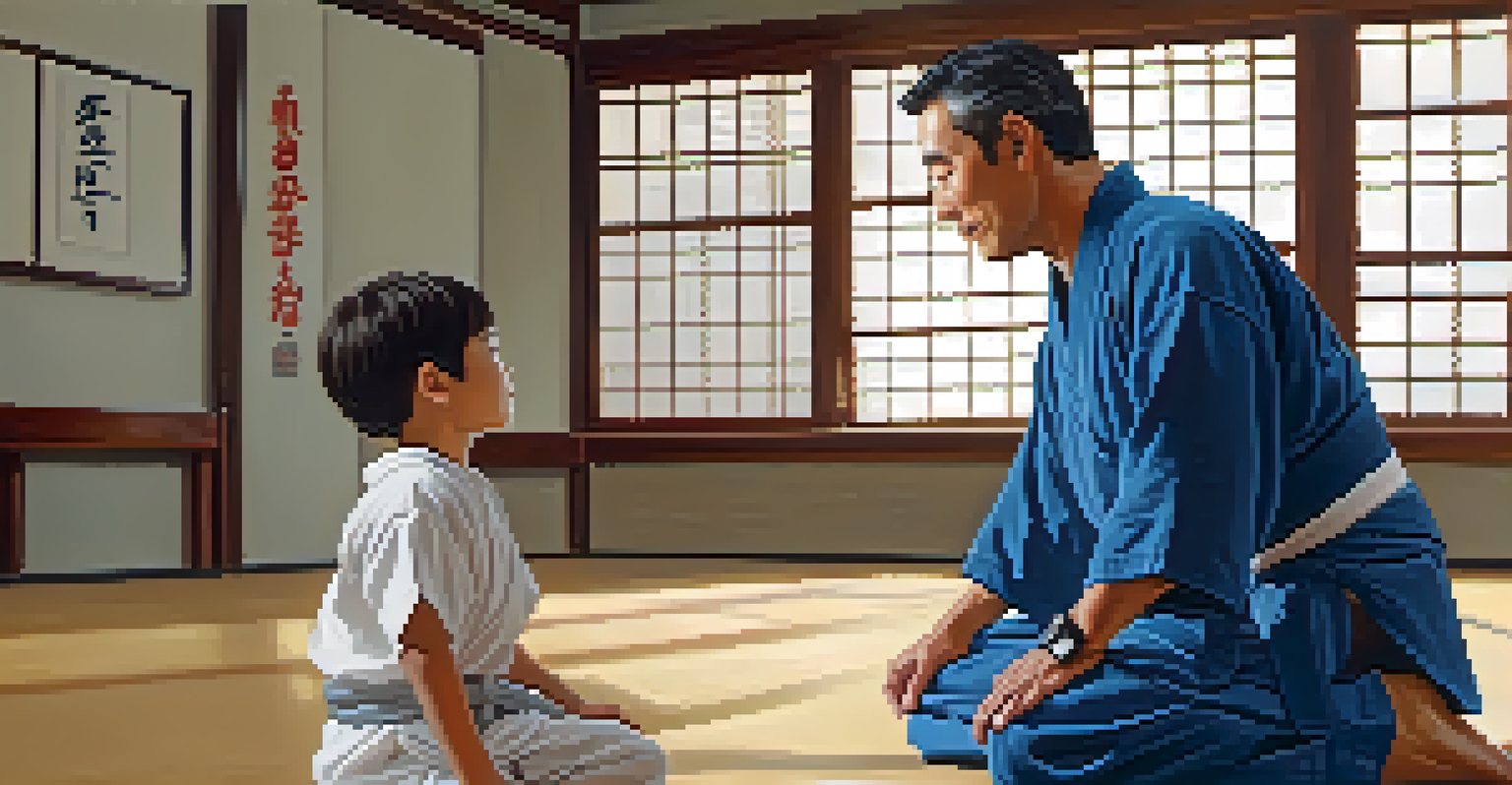 An instructor teaching a child deep breathing exercises in a calm dojo, creating a peaceful atmosphere.