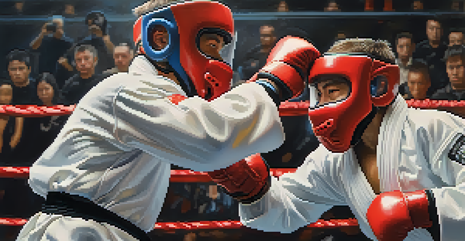 Two martial artists sparring in a training session, showcasing their expressions and movements.