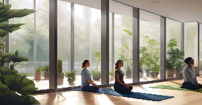 A diverse group of employees practicing mindful breathing exercises in a bright, serene office space filled with plants and calming artwork.