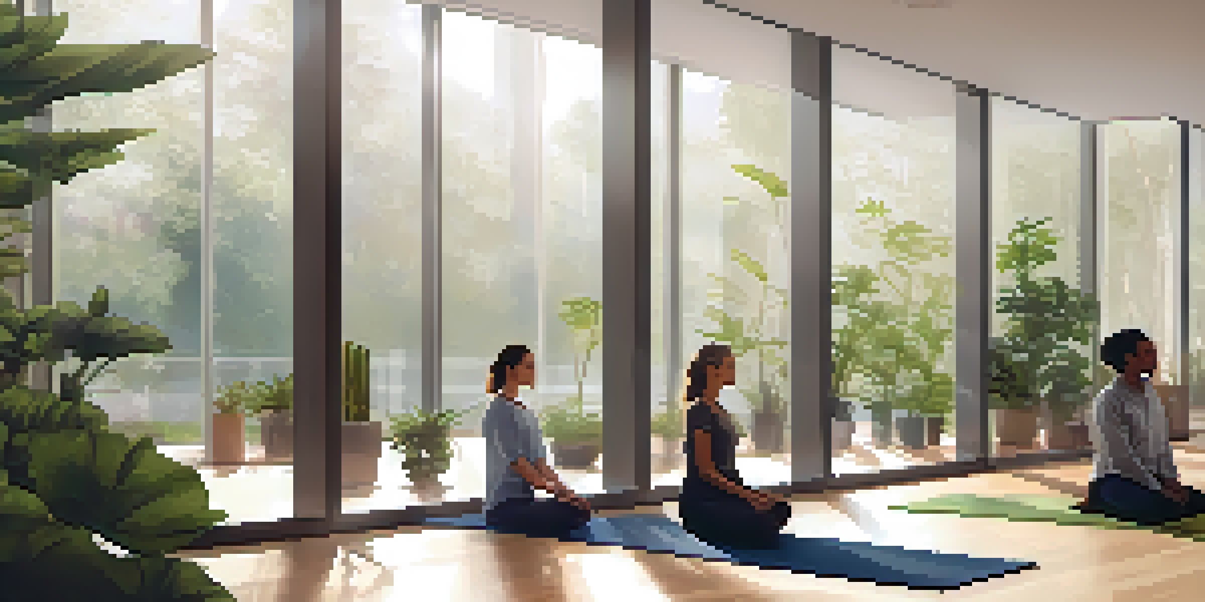A diverse group of employees practicing mindful breathing exercises in a bright, serene office space filled with plants and calming artwork.