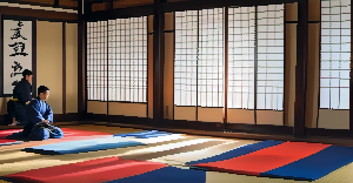 A peaceful dojo filled with martial artists training in various styles, illuminated by soft natural light.