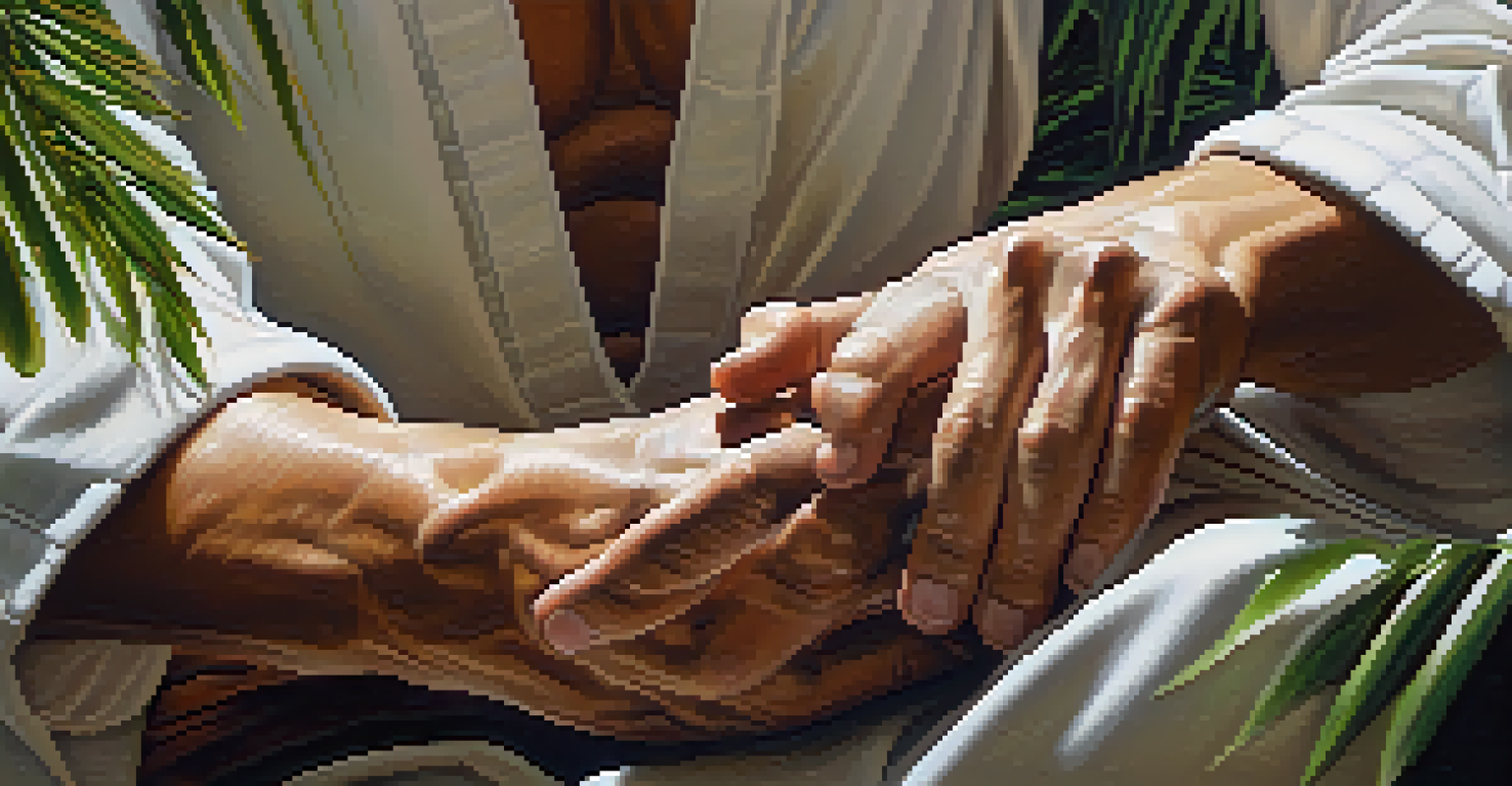 Close-up of a martial artist's hands in a meditative pose, with a blurred background of bamboo and greenery, conveying tranquility.