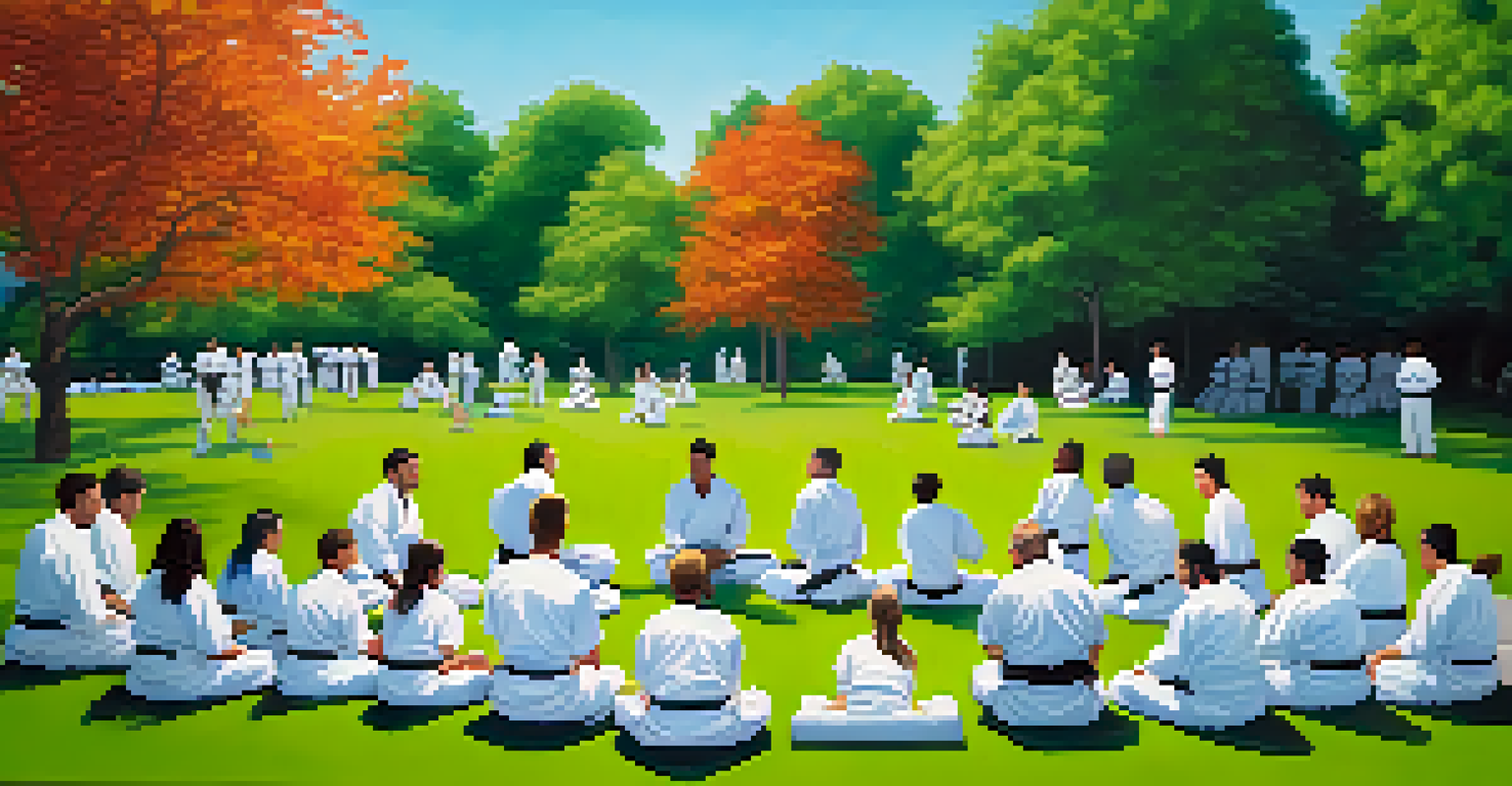 A group of students practicing Brazilian Jiu-Jitsu outdoors in a park, surrounded by trees and a clear sky.