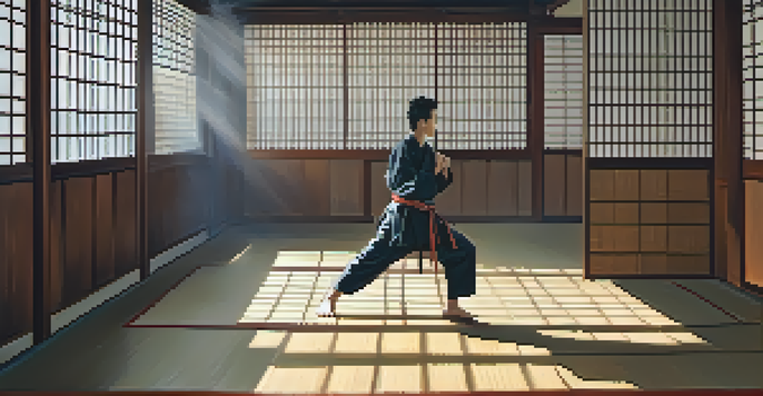 A calm dojo environment with a martial artist practicing breathing techniques, surrounded by natural light and traditional decor.