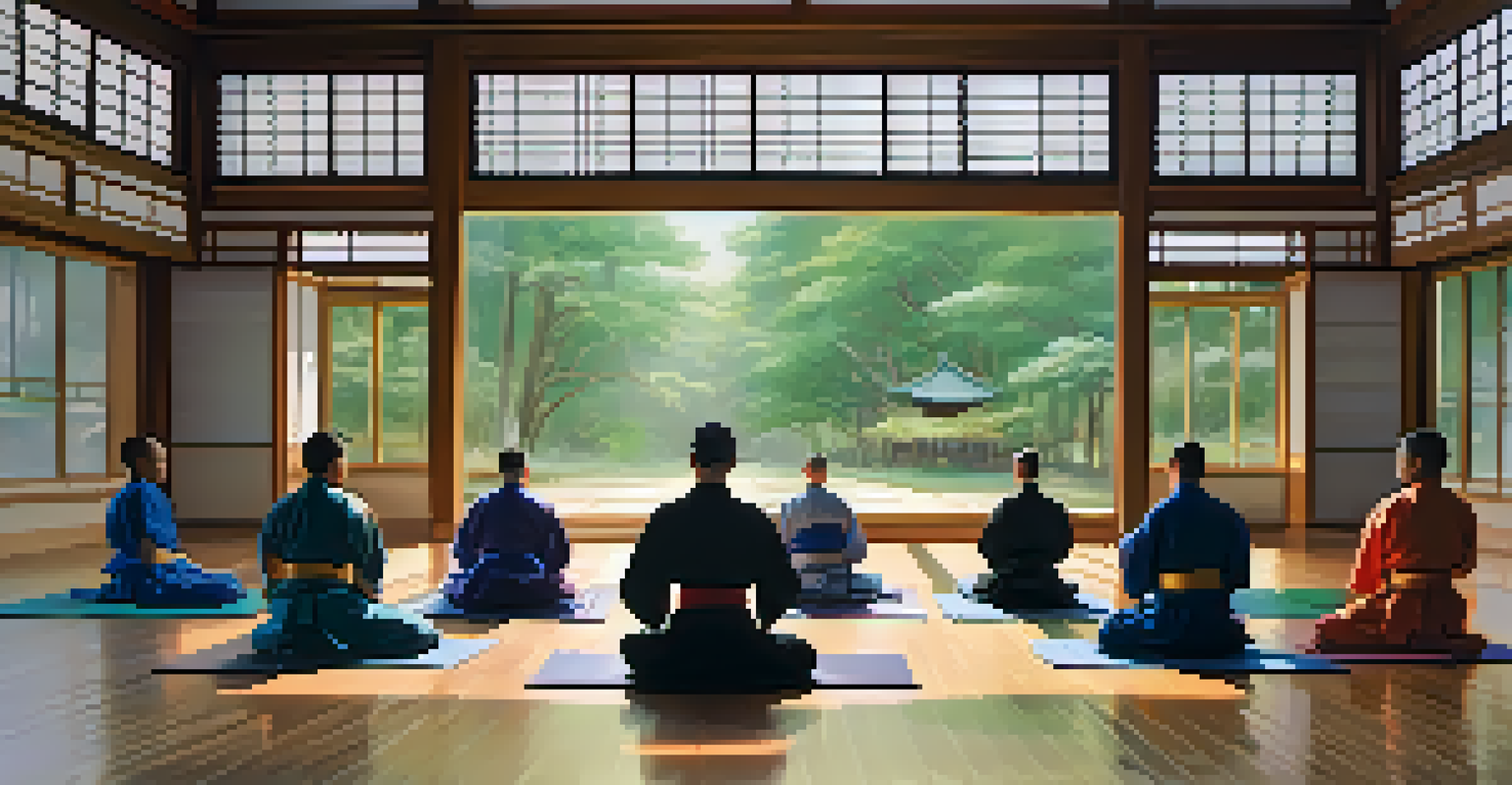 Martial artists meditating in a dojo, showcasing mindfulness and focus.