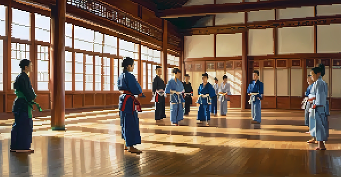A diverse group of martial artists practicing in a sunlit dojo with wooden floors and traditional paper lanterns.