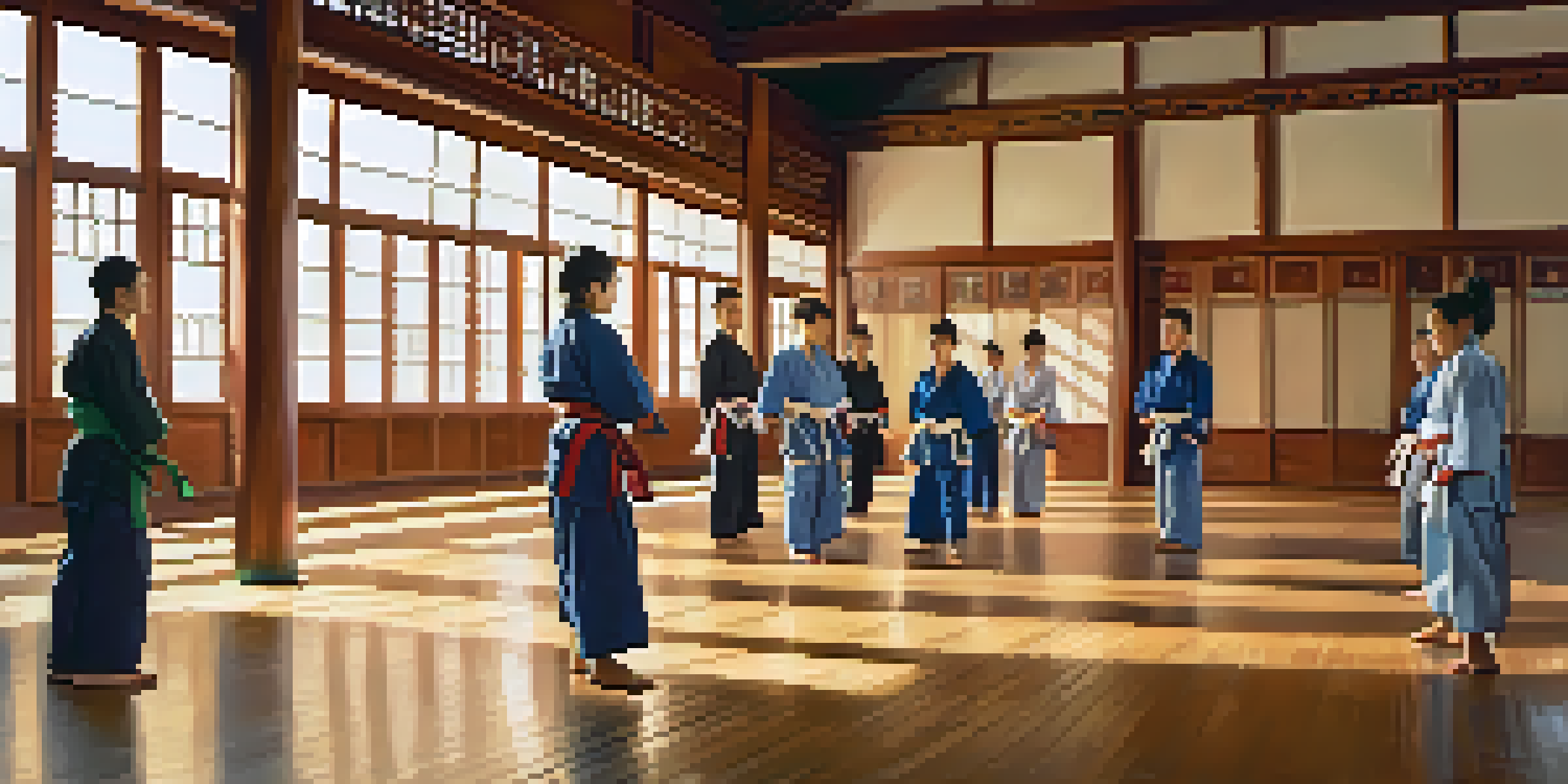 A diverse group of martial artists practicing in a sunlit dojo with wooden floors and traditional paper lanterns.