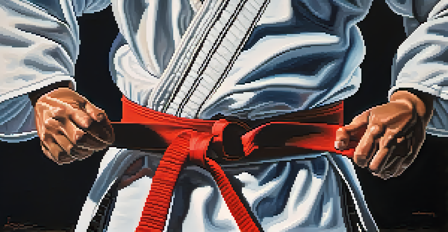 A close-up of a martial artist tying a colored belt, highlighting the importance of discipline and tradition.