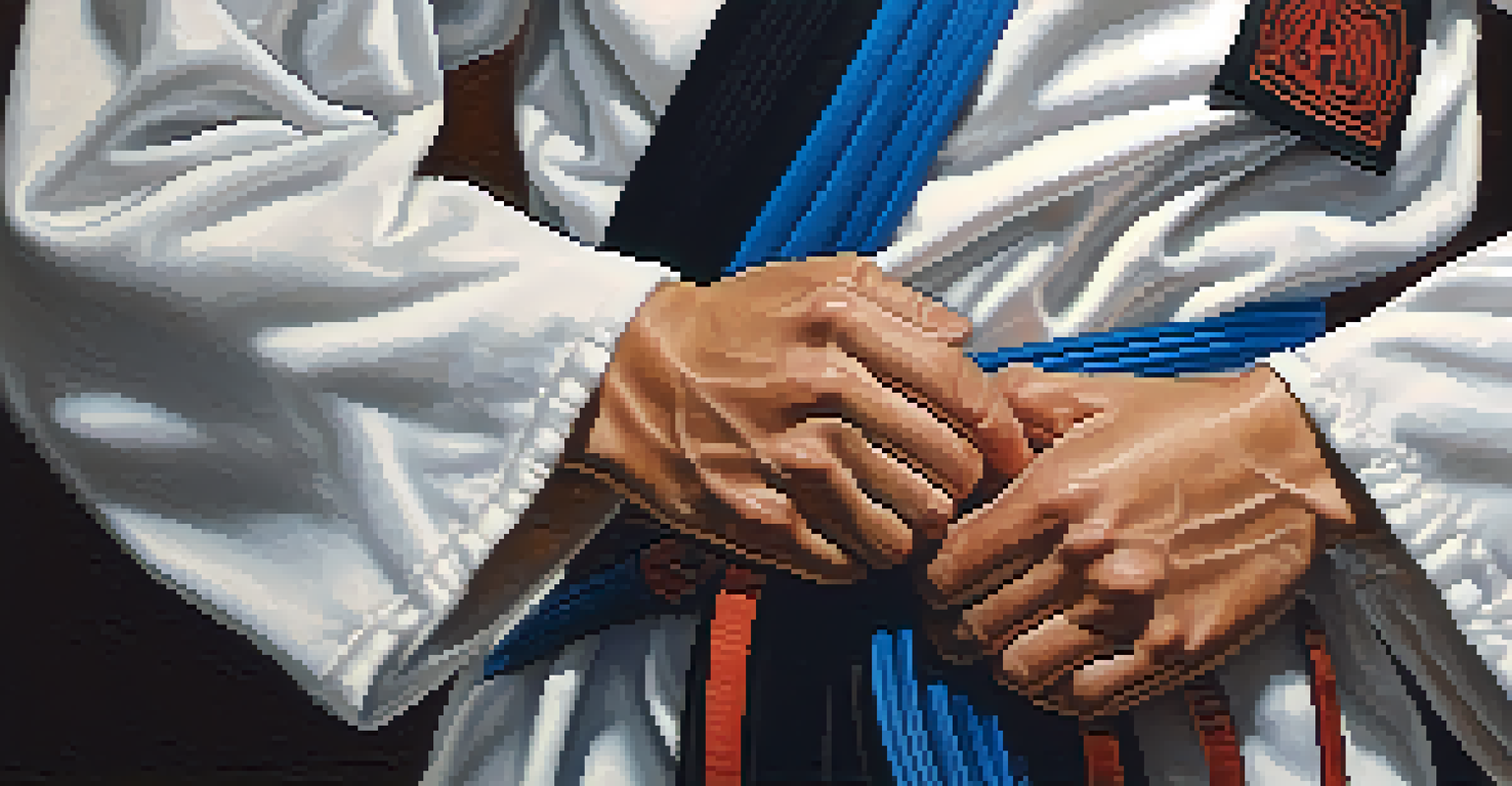 A close-up of a young martial artist's hands tying their colored belt, emphasizing the intricate details and the symbolism of achievement.