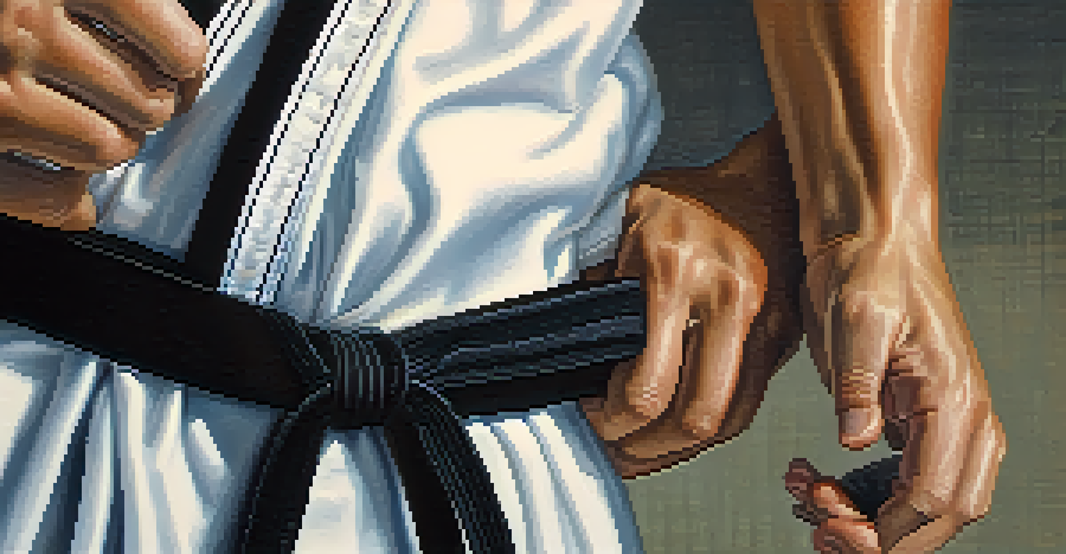 A close-up of hands holding a black belt with a detailed knot, surrounded by blurred training equipment in the background.