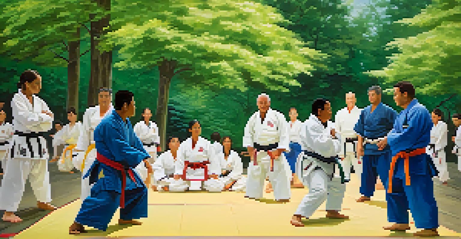 A diverse group practicing judo in a green park under an instructor's guidance, surrounded by flowers and trees.
