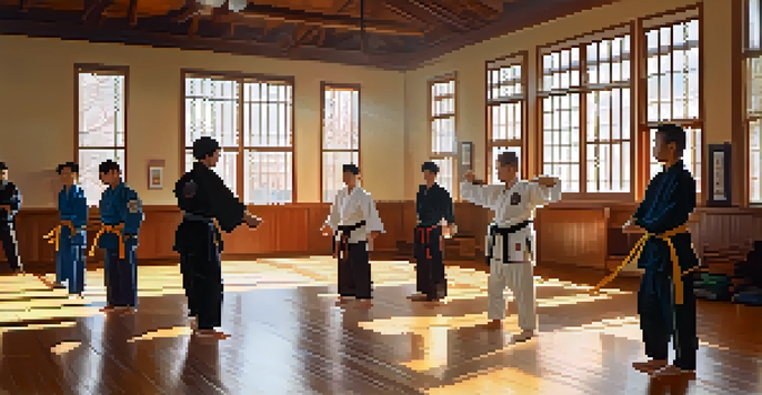 A busy martial arts dojo with a diverse group of students training together, showcasing a warm and inclusive environment.