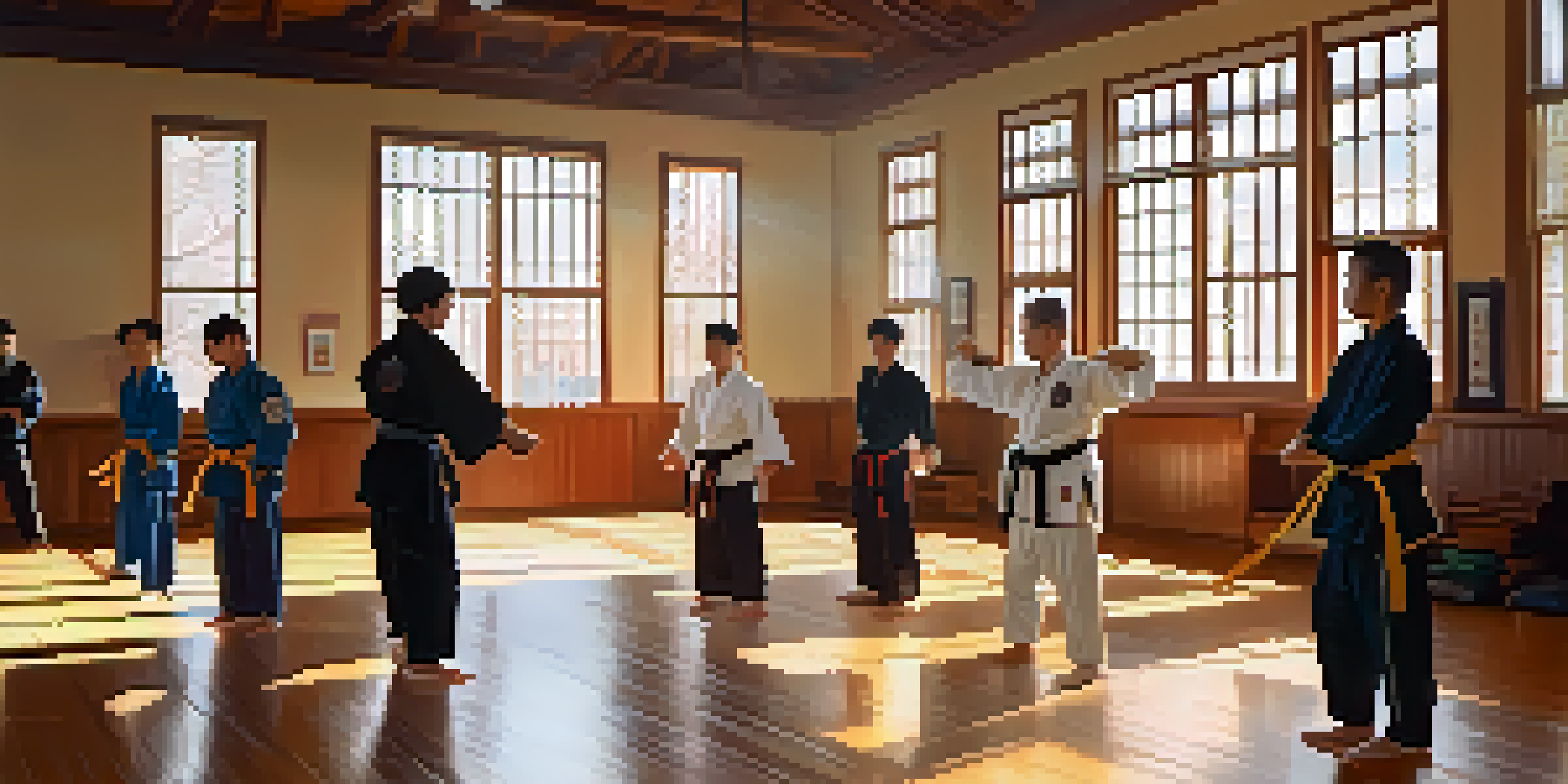A busy martial arts dojo with a diverse group of students training together, showcasing a warm and inclusive environment.