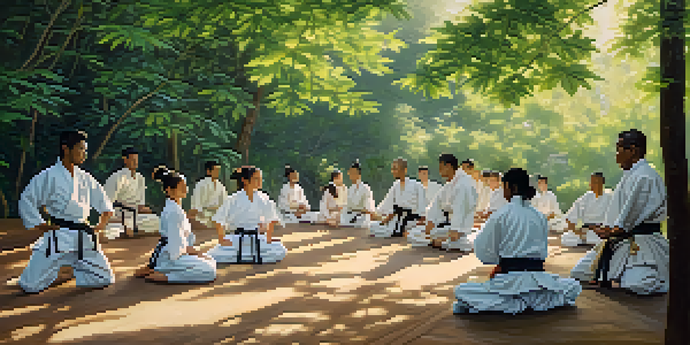 A diverse group of martial artists practicing in a peaceful outdoor environment, showcasing respect and cultural exchange.