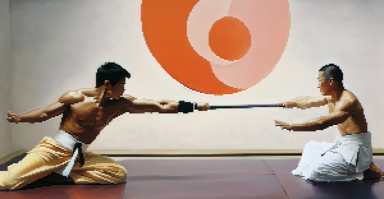 An image showing the duality of Yin and Yang in martial arts: meditation on one side and dynamic action on the other.