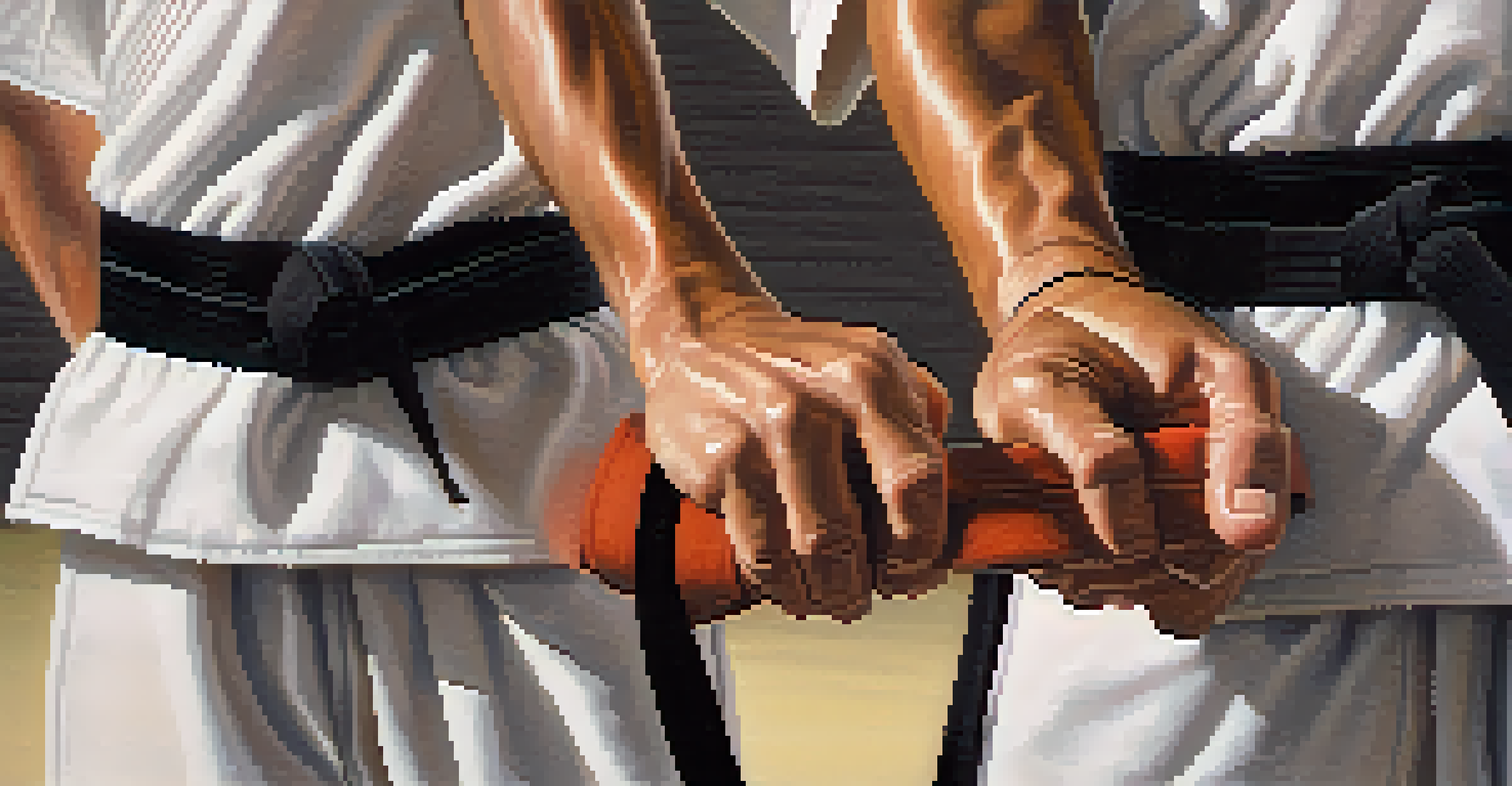 A close-up of hands gripping a karate belt in a dojo, symbolizing commitment and discipline.