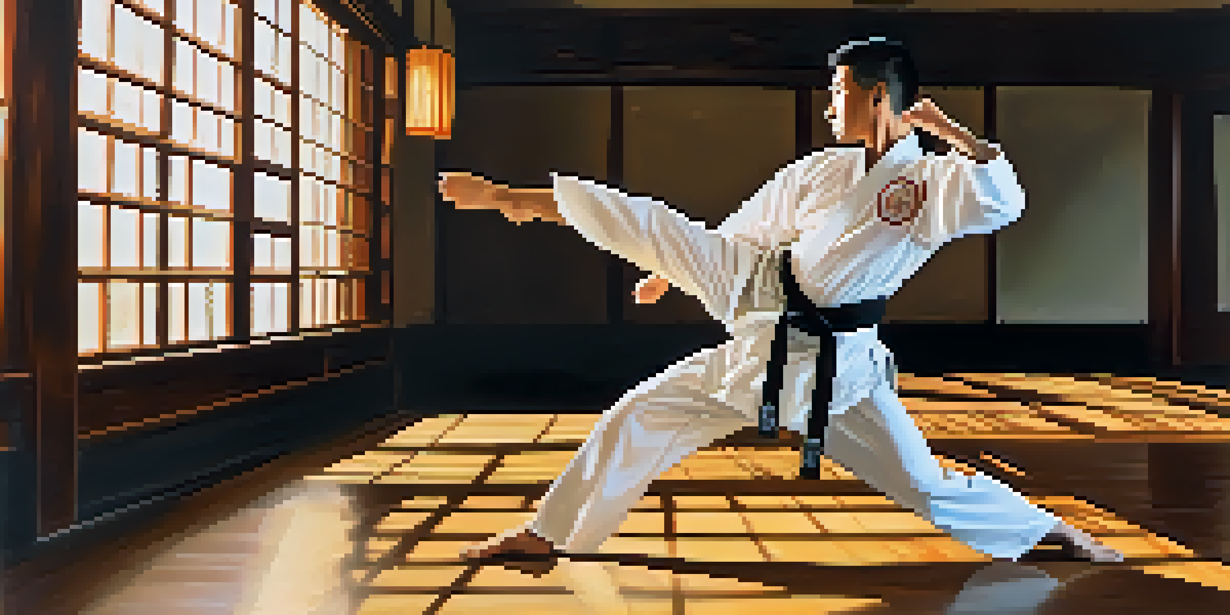 A martial artist performing a high kick in a sunlit dojo, wearing a white gi, with wooden floors and traditional decorations in the background.