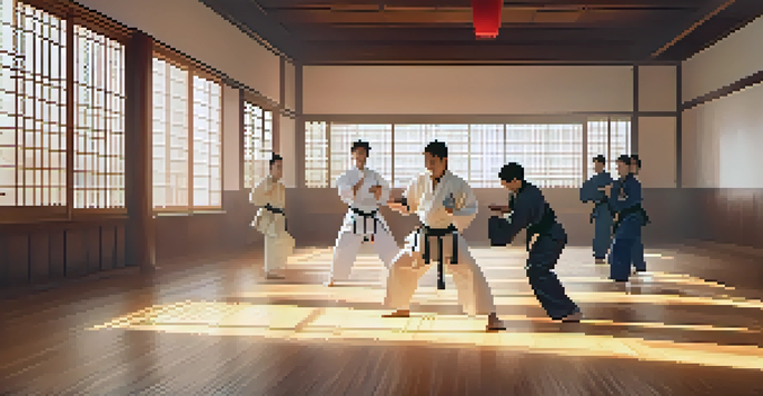 A peaceful martial arts dojo filled with students practicing under an instructor, sunlight streaming in through windows.