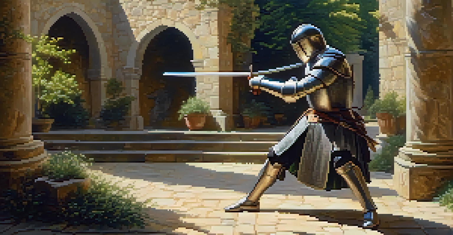 A knight in training practices sword fighting in a sunny stone courtyard, surrounded by various weapons.