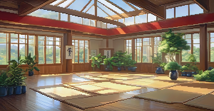 A bright martial arts dojo with students practicing various forms, surrounded by plants and wooden elements, showcasing a connection to nature.