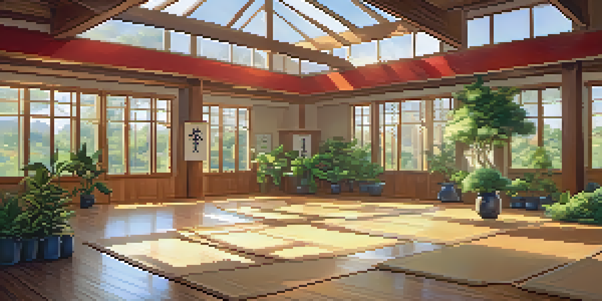 A bright martial arts dojo with students practicing various forms, surrounded by plants and wooden elements, showcasing a connection to nature.