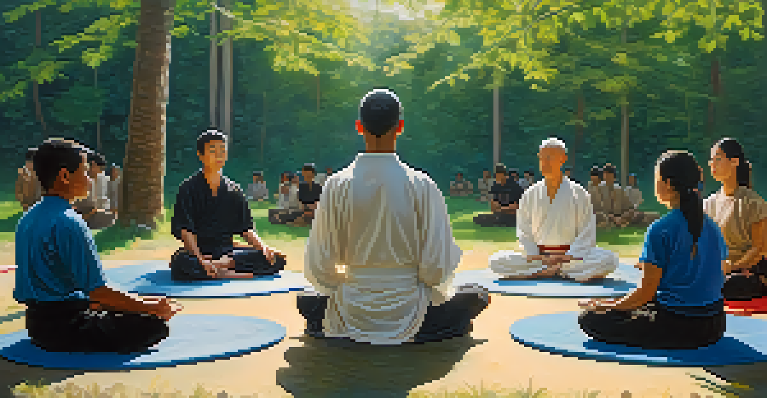 A diverse group of martial artists seated in a circle, practicing mindfulness in a sunlit outdoor setting surrounded by greenery.