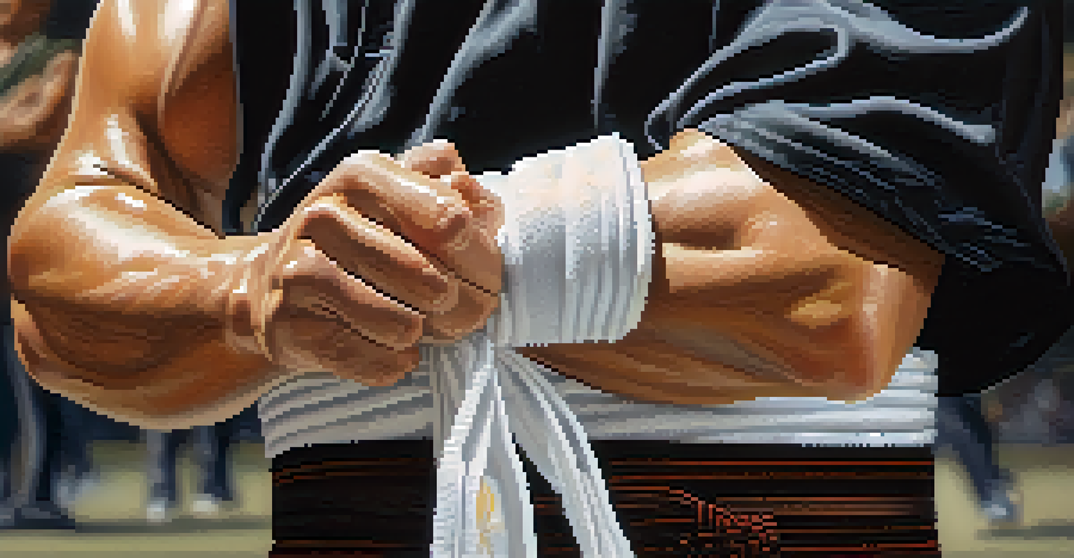 A close-up of a martial artist's hand tying their belt, highlighting the details of their uniform and sweat, with blurred figures of others celebrating in the background.