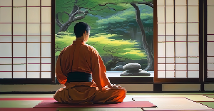 A martial artist meditating in a peaceful dojo with a garden view.