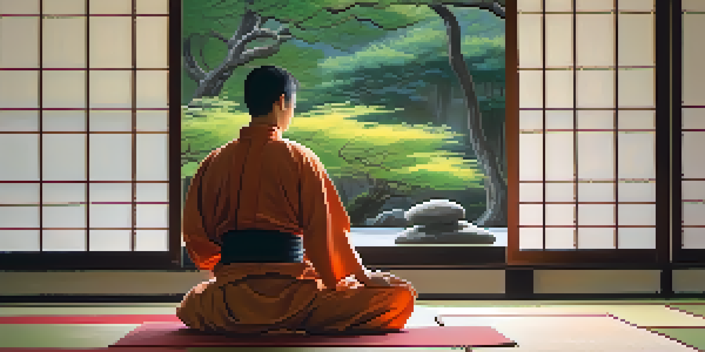 A martial artist meditating in a peaceful dojo with a garden view.