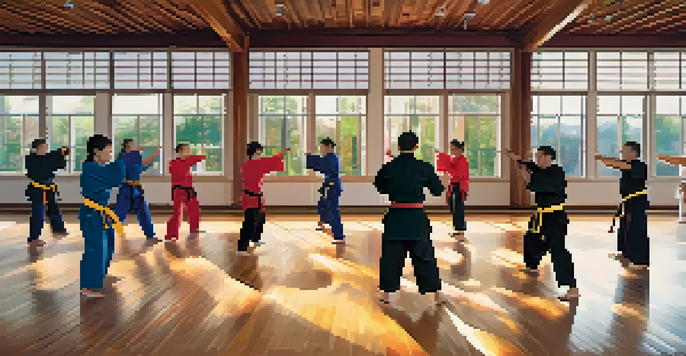 A diverse group of martial arts practitioners training in a bright dojo, with colorful banners and natural light, practicing techniques together.