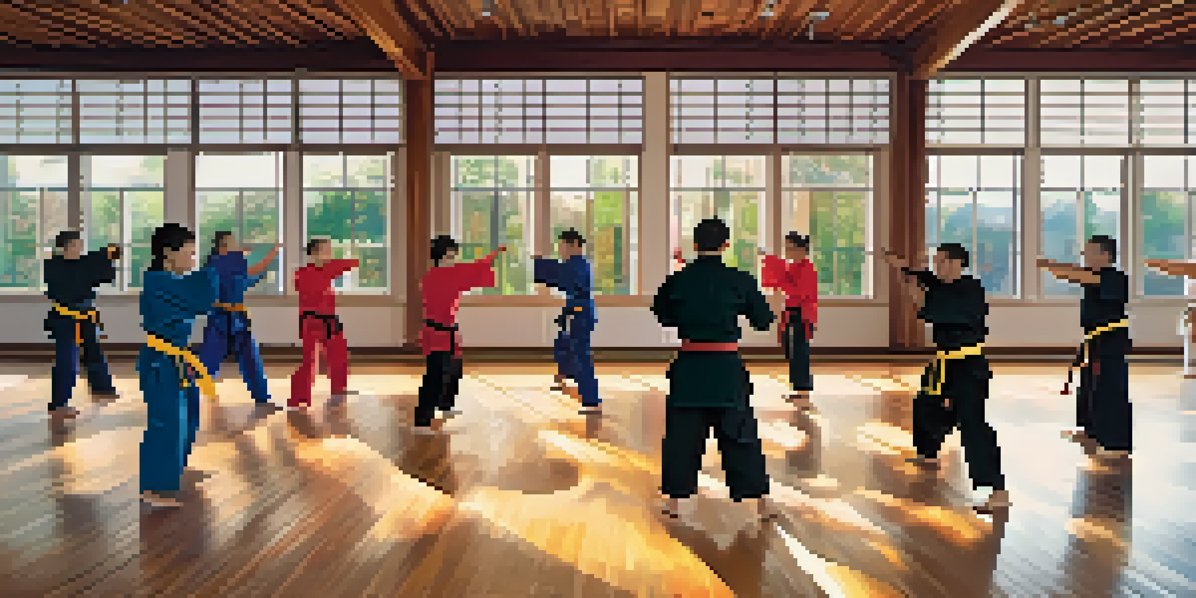 A diverse group of martial arts practitioners training in a bright dojo, with colorful banners and natural light, practicing techniques together.