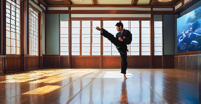 A martial artist executing a roundhouse kick in a dojo, with holographic displays showing technique guidance.