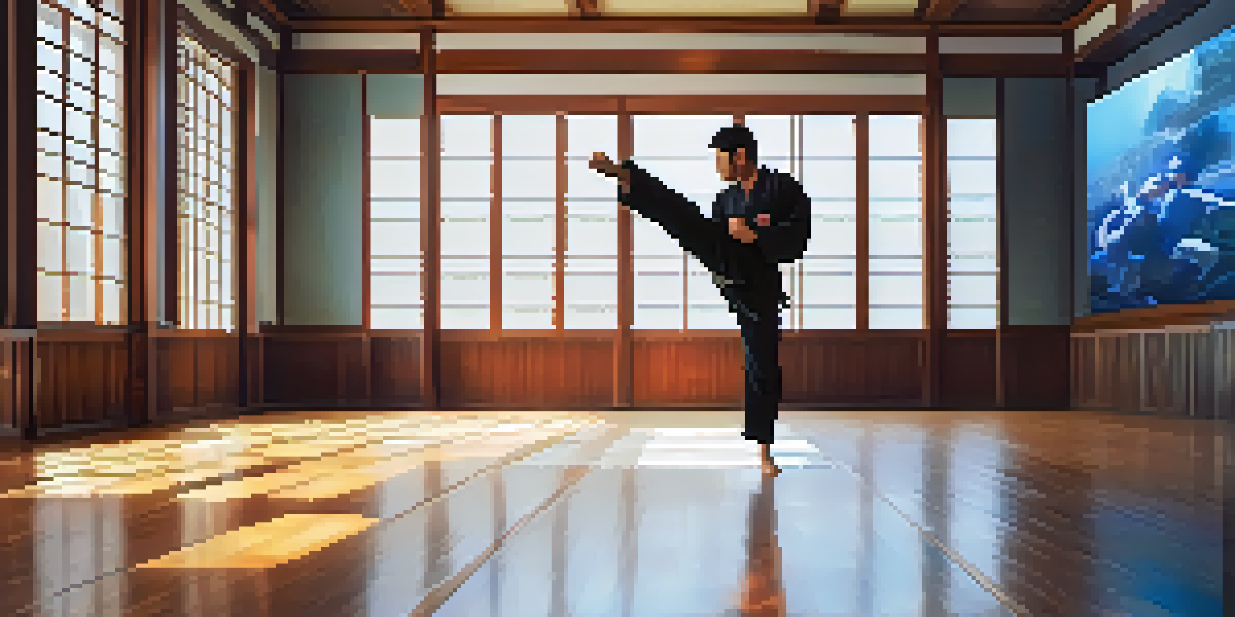 A martial artist executing a roundhouse kick in a dojo, with holographic displays showing technique guidance.