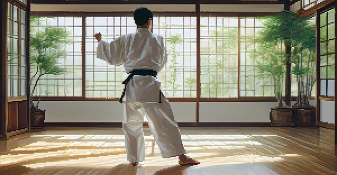 A martial artist performing a high kick in a tranquil dojo with wooden floors and natural light.