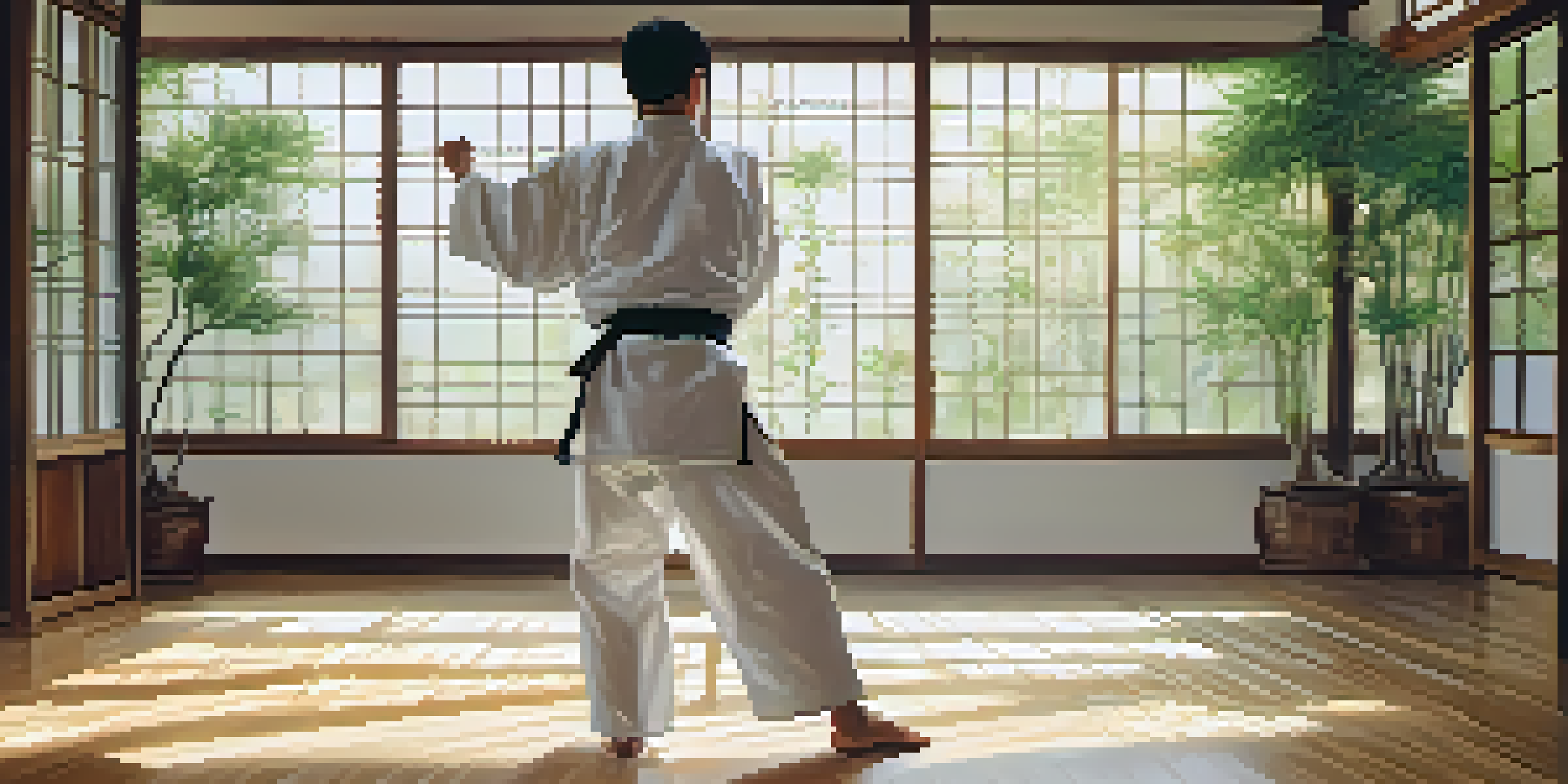 A martial artist performing a high kick in a tranquil dojo with wooden floors and natural light.