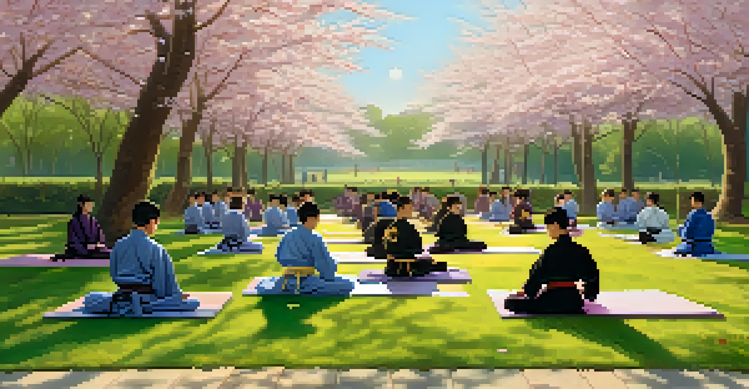 A diverse group of martial artists practicing outdoors in a park during sunset, surrounded by cherry blossoms.