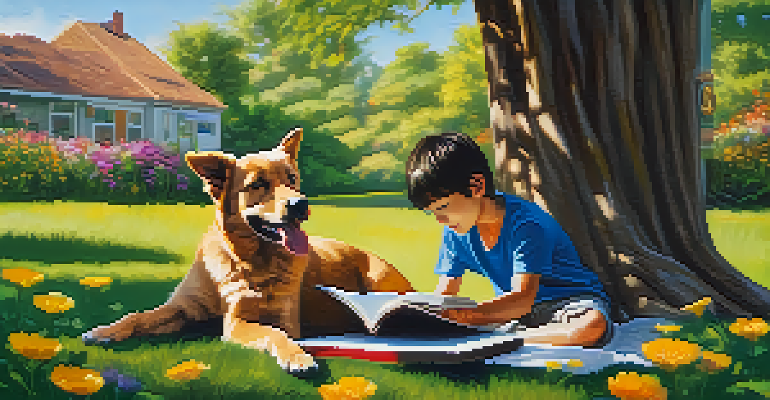 A young boy reading a martial arts book under a tree with his dog beside him.