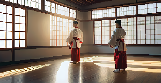 A peaceful martial arts dojo with sunlight shining through windows, featuring two practitioners bowing to each other in traditional uniforms.