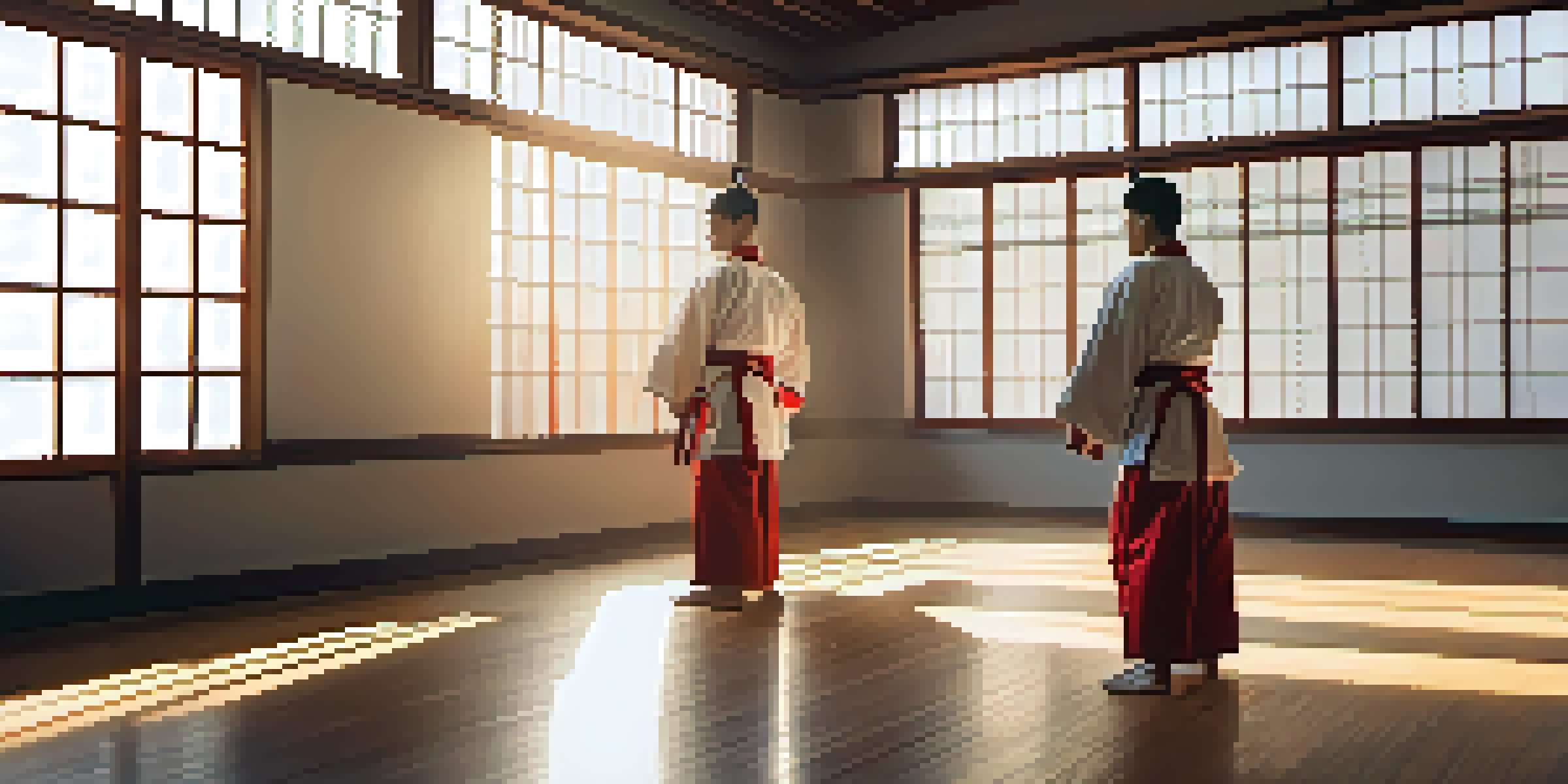 A peaceful martial arts dojo with sunlight shining through windows, featuring two practitioners bowing to each other in traditional uniforms.