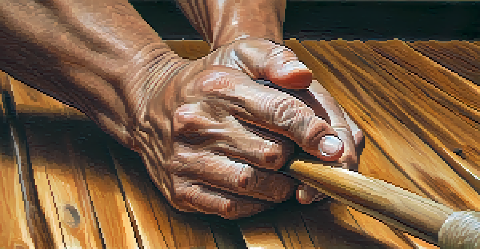 Close-up of a martial artist's hands holding a wooden weapon, showcasing the textures of skin and wood.