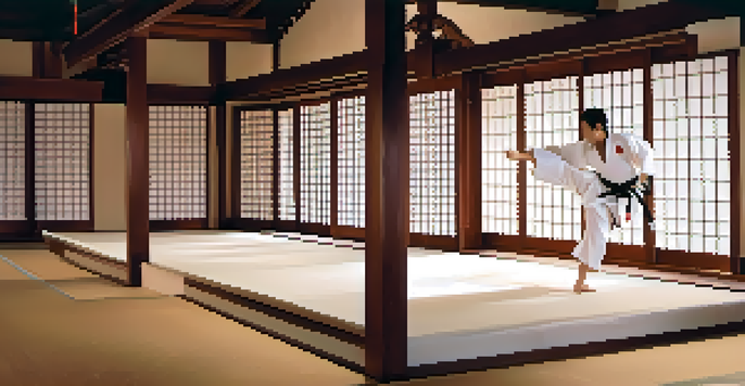 A martial artist executing a high kick in a traditional dojo setting, surrounded by cherry blossom petals.