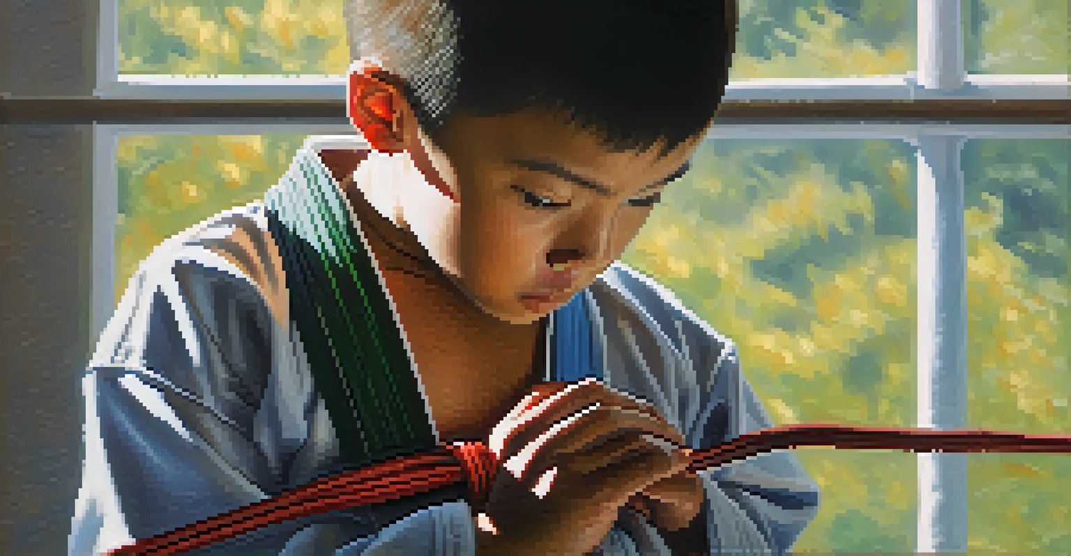 A young martial artist tying their belt with focus and determination.