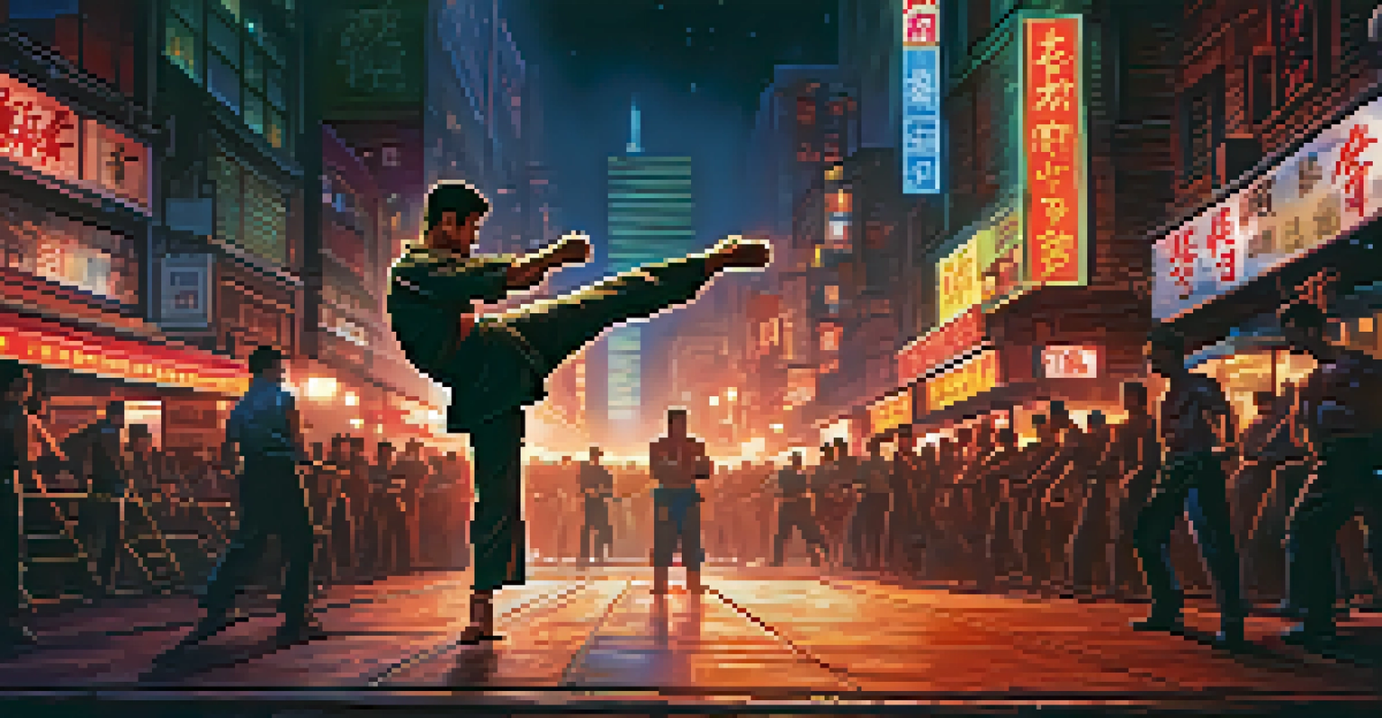 A fighter performing a high kick against a vibrant urban background at night, with neon lights and an engaged audience.